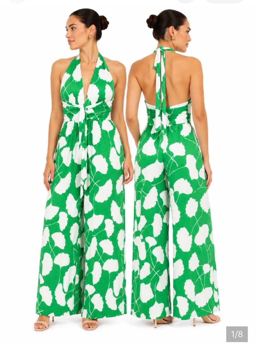 DVF Green White Halter Jumpsuit Wide Leg Resortwear Vacation Palazzo Jumpsuit
